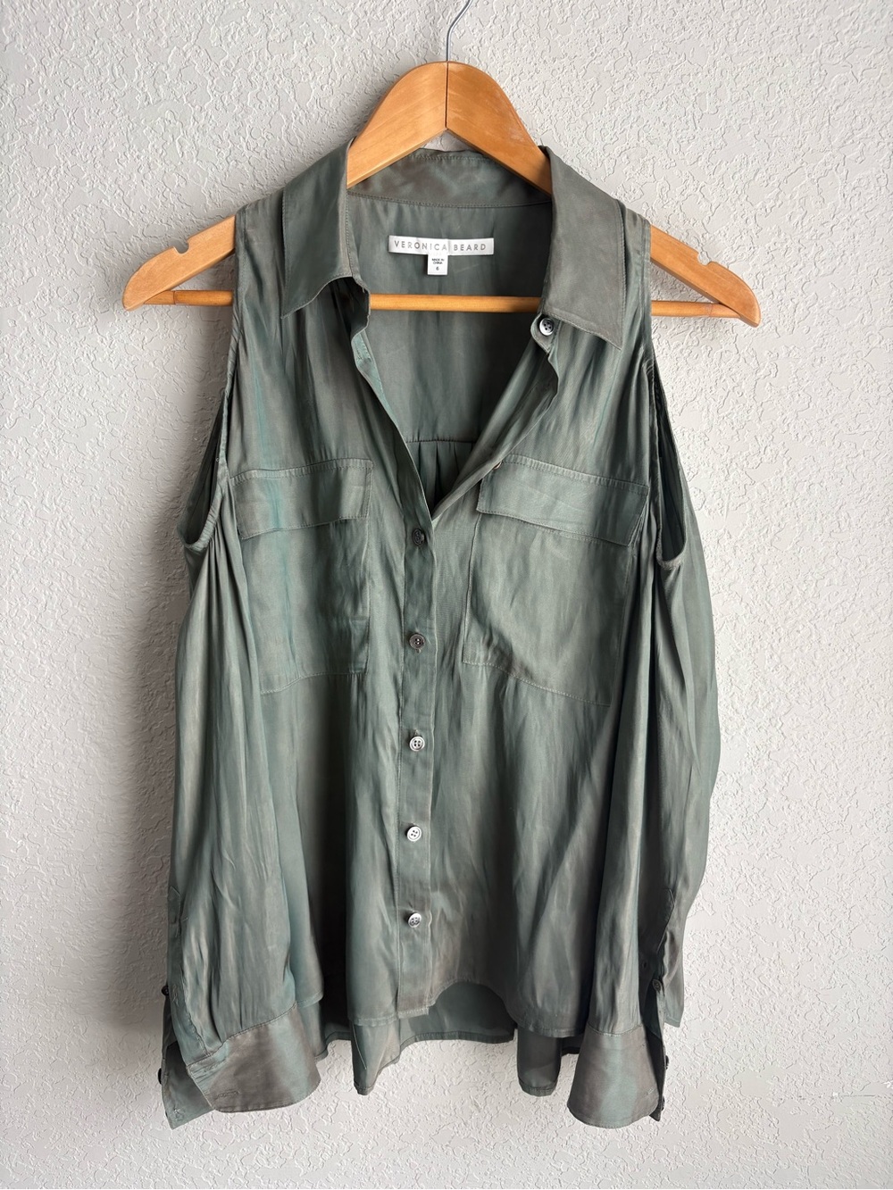 Veronica Beard Two Tone Cold Shoulder Utility Blouse Silk Blend Green Size 6